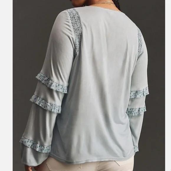 Anthropologie Tiny Frances Long Sleeve Ruffled Top Embroidered Blue Yellow - Picture 2 of 7